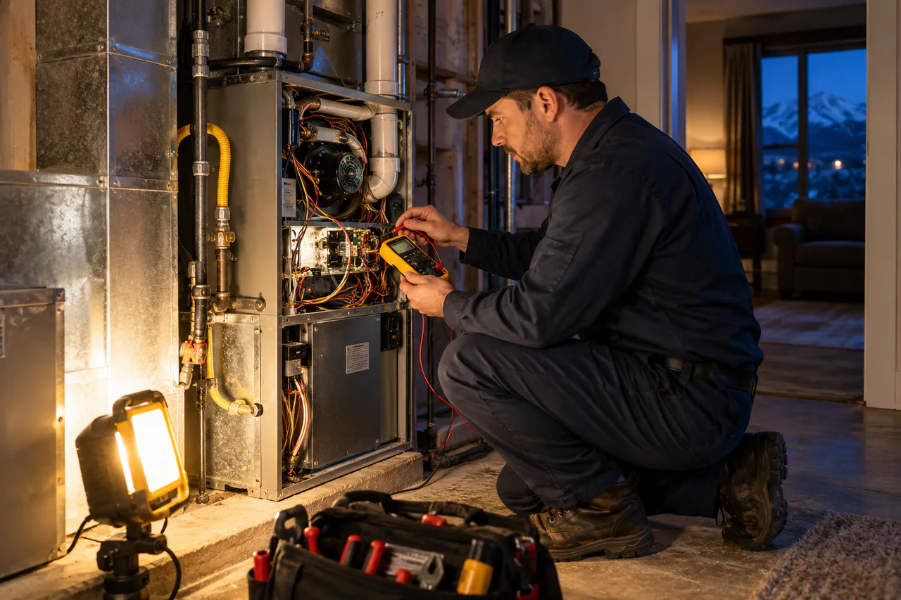 Emergency furnace repair technician diagnosing a no-heat call in Herriman