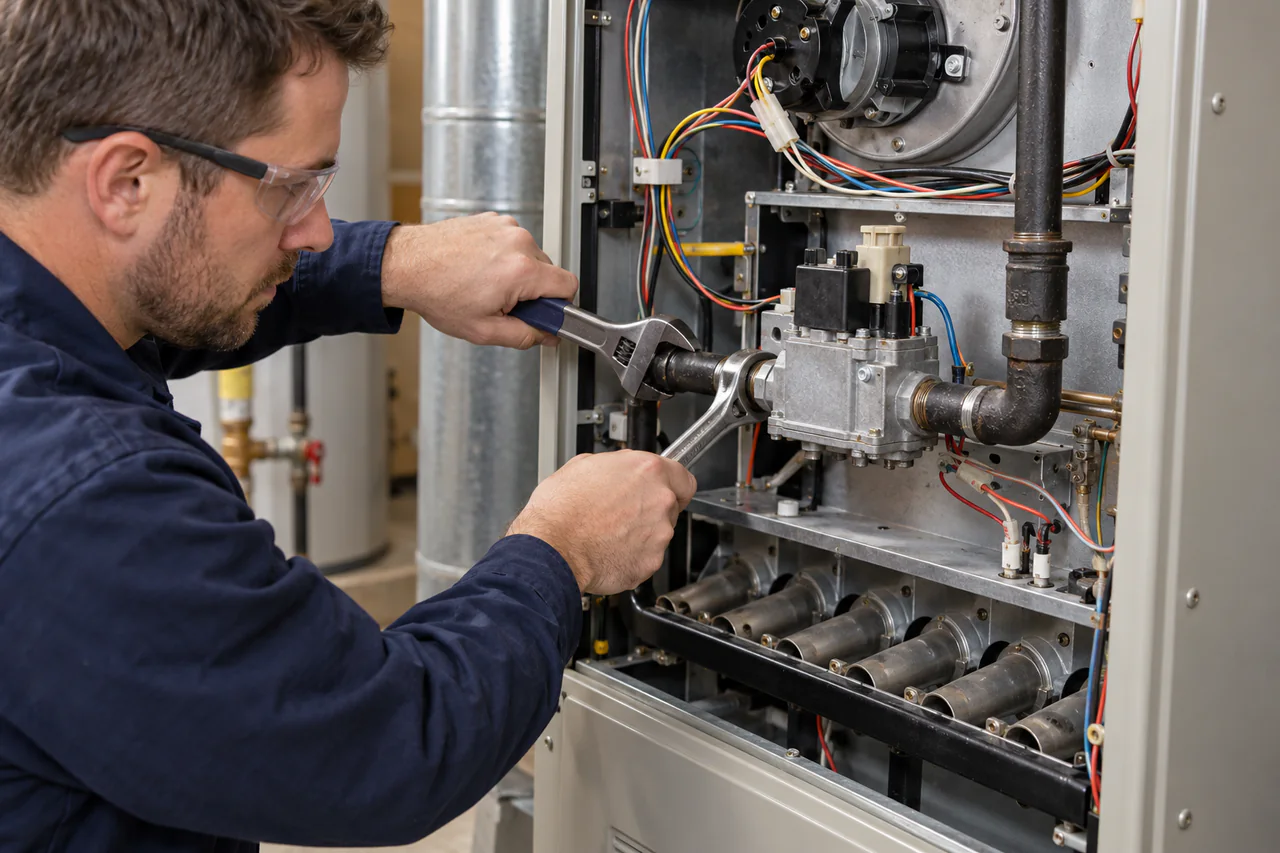 Furnace gas valve replacement by an HVAC technician
