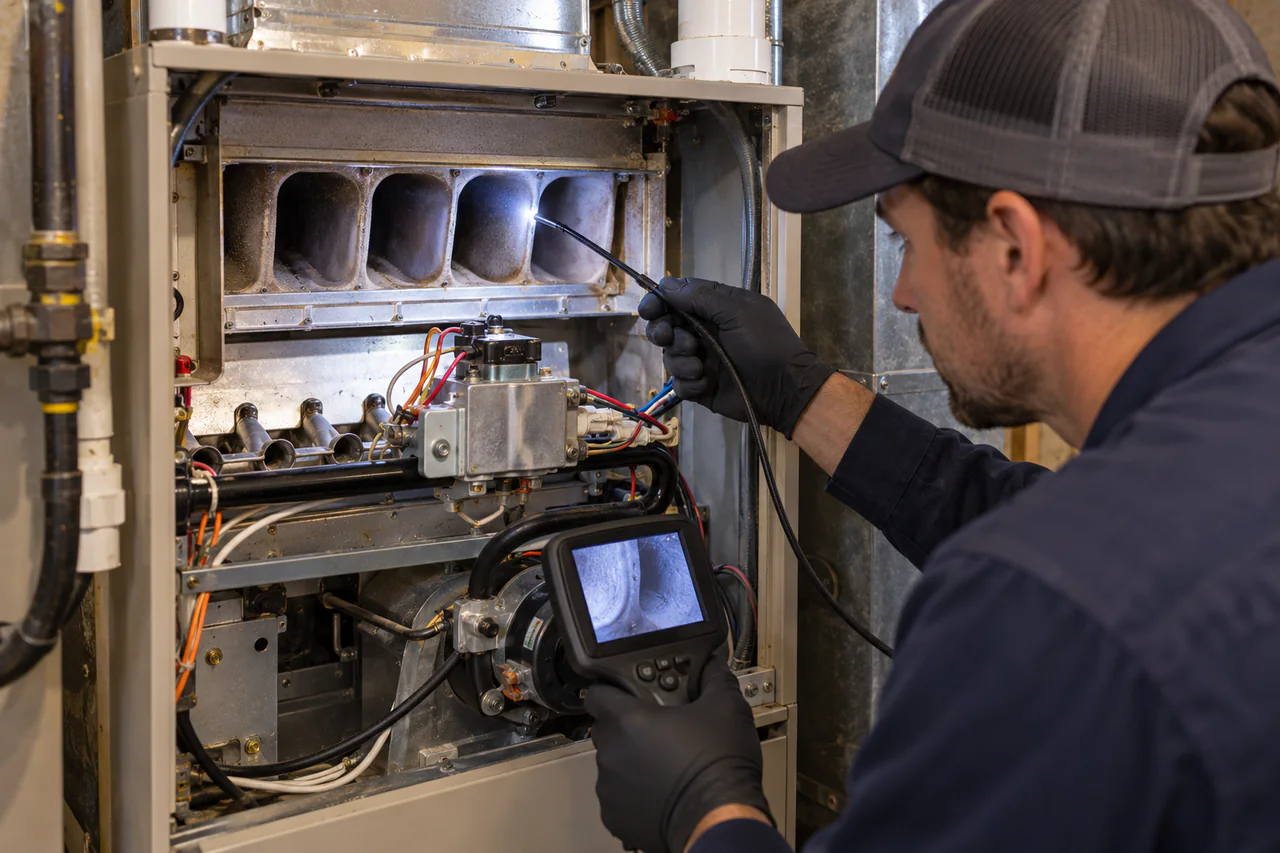 Furnace heat exchanger inspection with a borescope